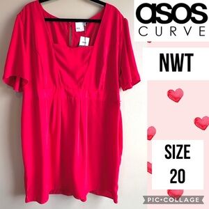 NWT ASOS Curve Womens Dress Red Square Neckline Short Sleeve Knee Length Size 20